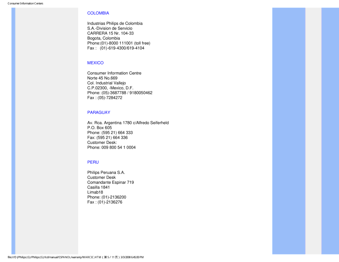 Philips 220VW9 user manual Colombia, Mexico, Paraguay, Peru 