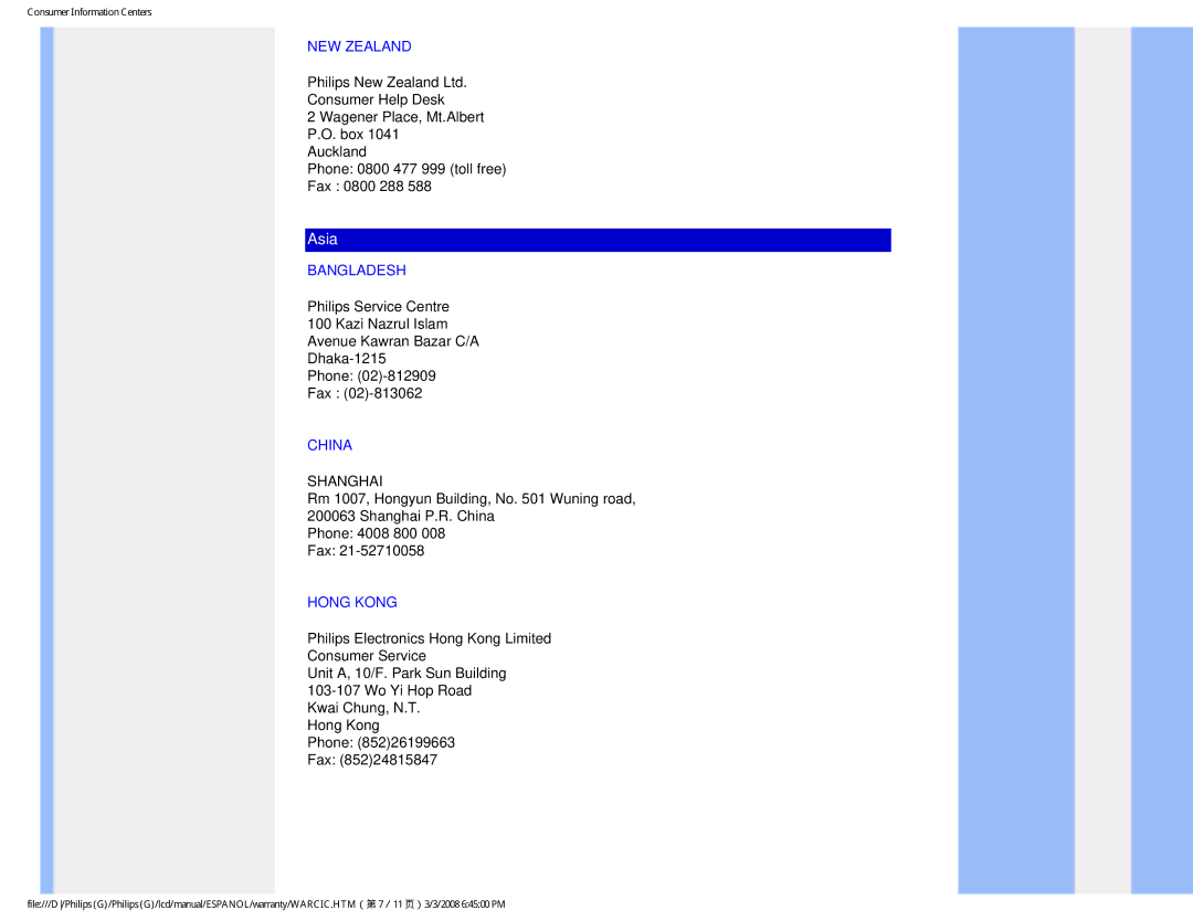 Philips 220VW9 user manual NEW Zealand, Bangladesh, China, Hong Kong 