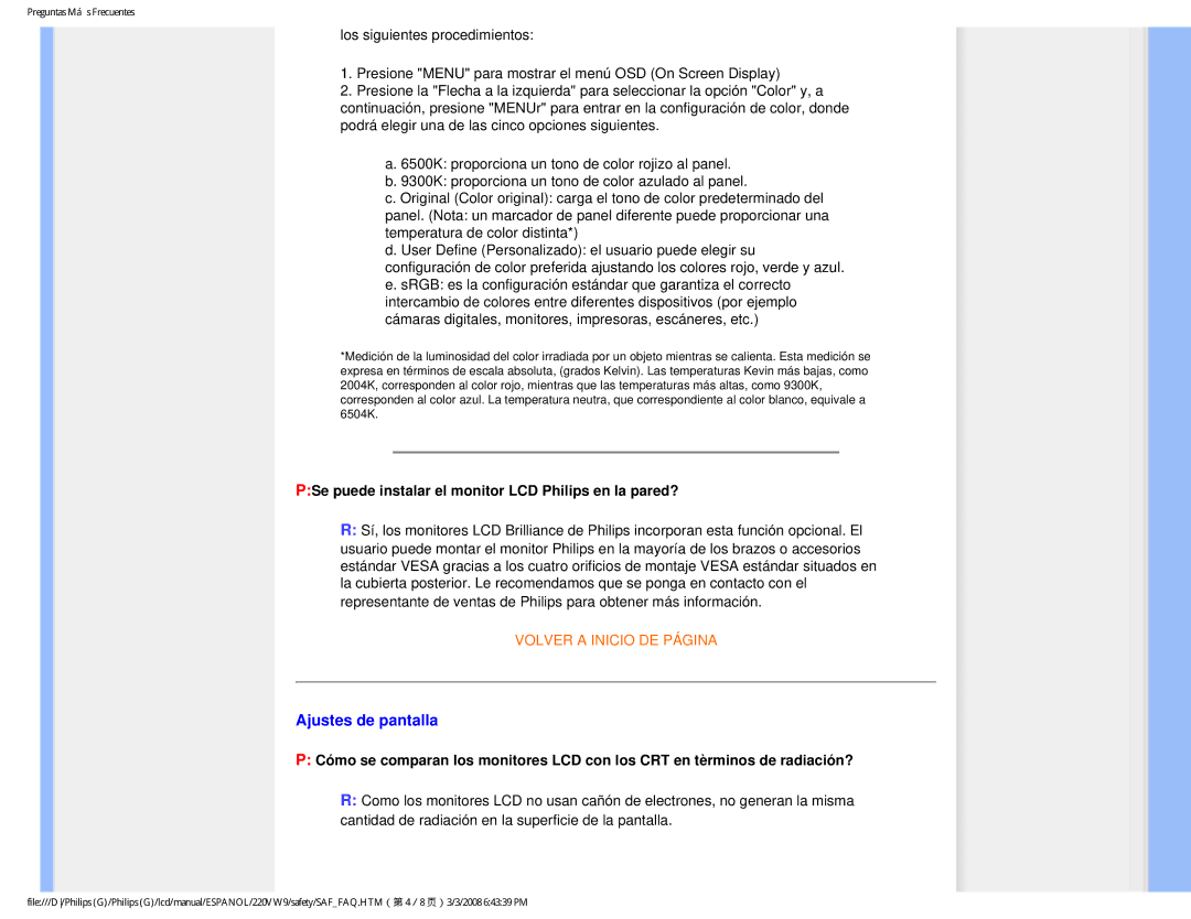 Philips 220VW9 user manual Ajustes de pantalla, PSe puede instalar el monitor LCD Philips en la pared? 