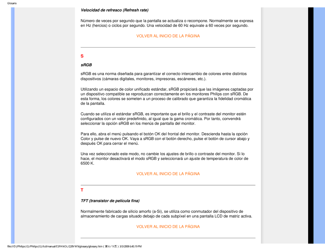 Philips 220VW9 user manual Velocidad de refresco Refresh rate 