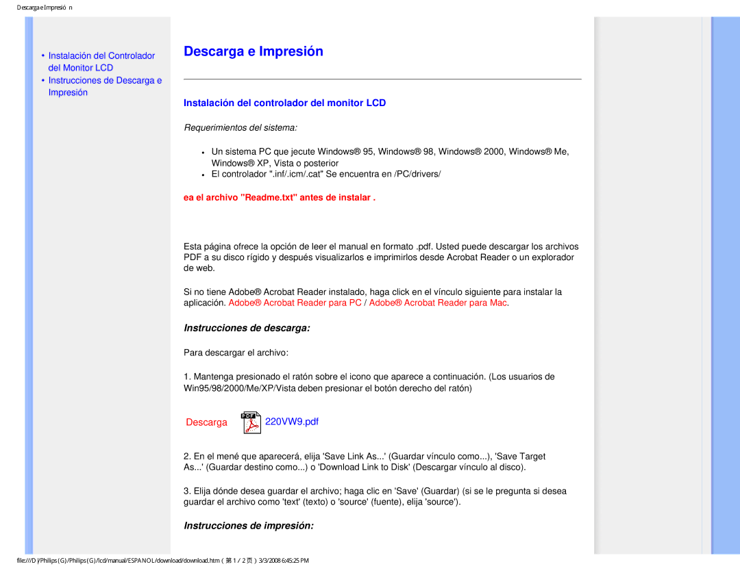 Philips 220VW9 user manual Descarga e Impresión, Instalación del controlador del monitor LCD 