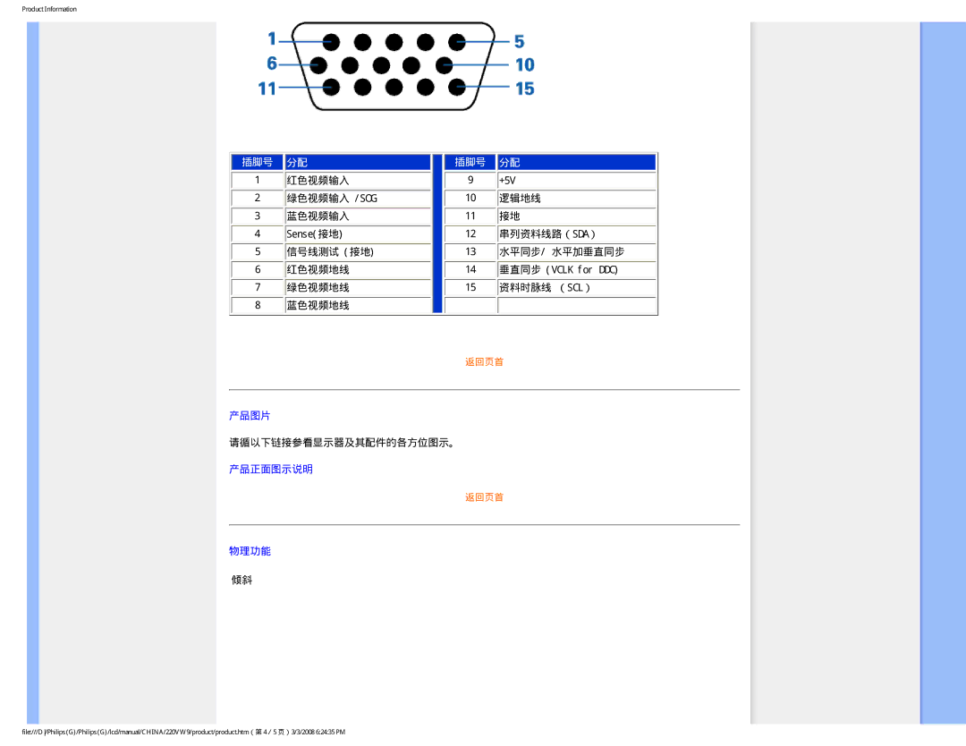 Philips 220VW9 user manual 插脚号 