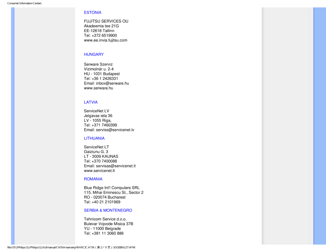 Philips 220VW9 user manual Estonia, Hungary, Latvia, Lithuania, Romania, Serbia & Montenegro 