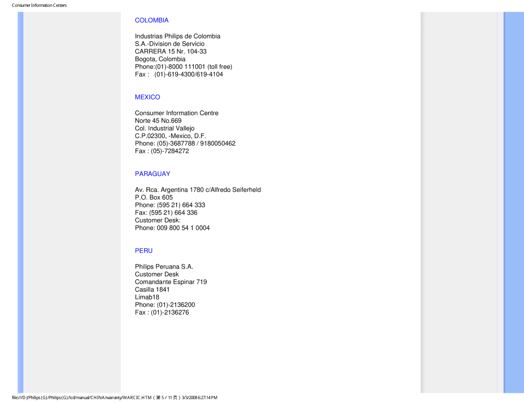 Philips 220VW9 user manual Colombia, Mexico, Paraguay, Peru 