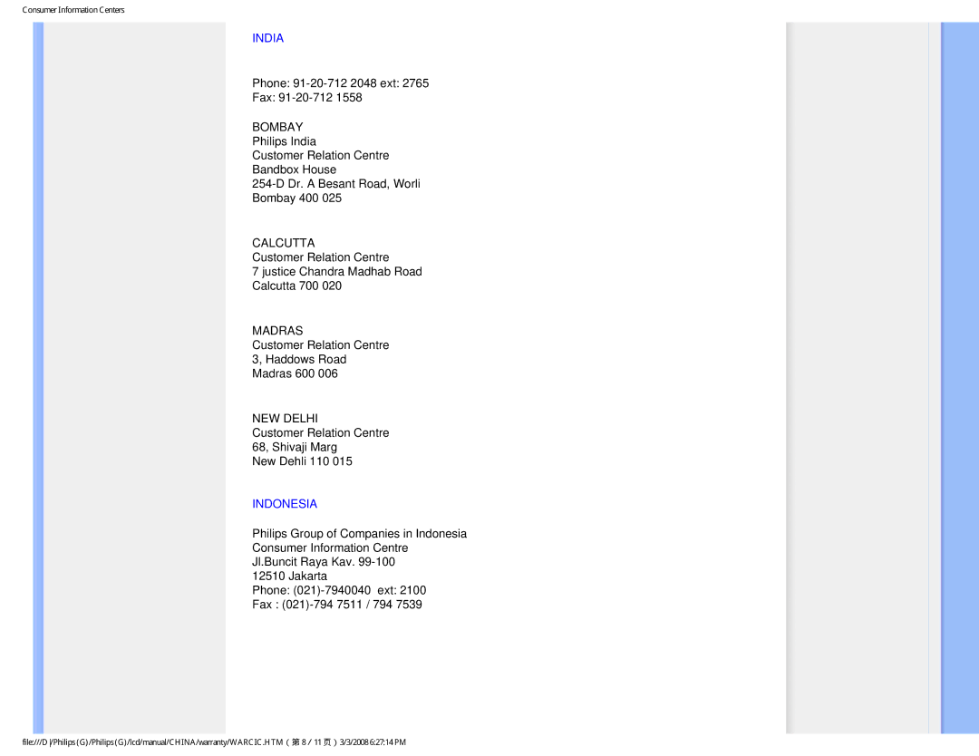 Philips 220VW9 user manual India, Indonesia 