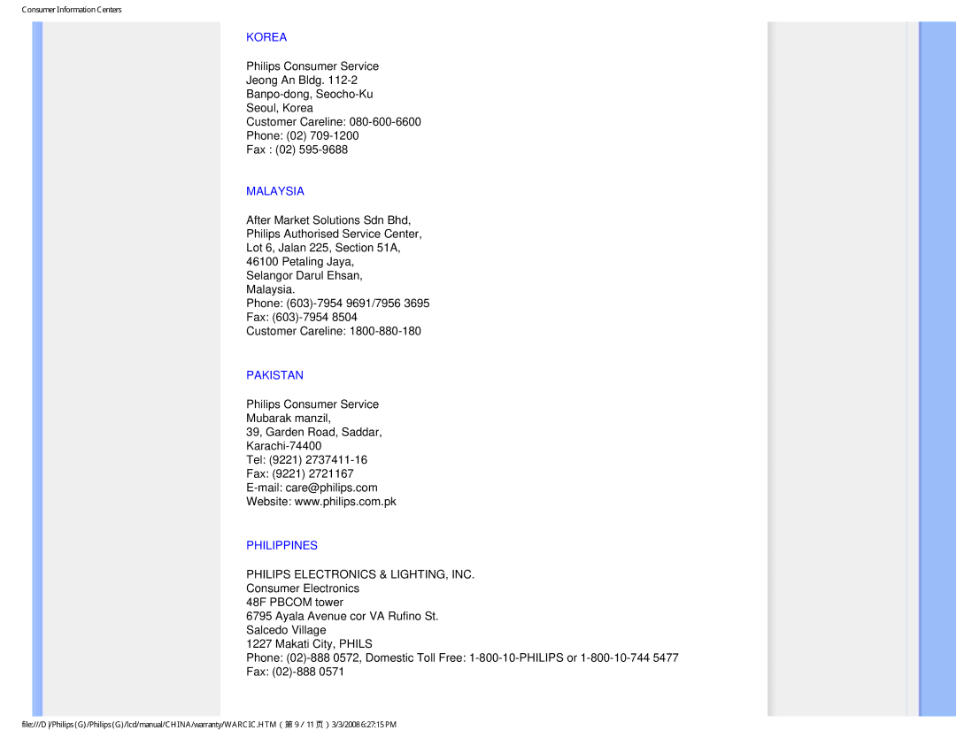 Philips 220VW9 user manual Korea, Malaysia, Pakistan, Philippines 