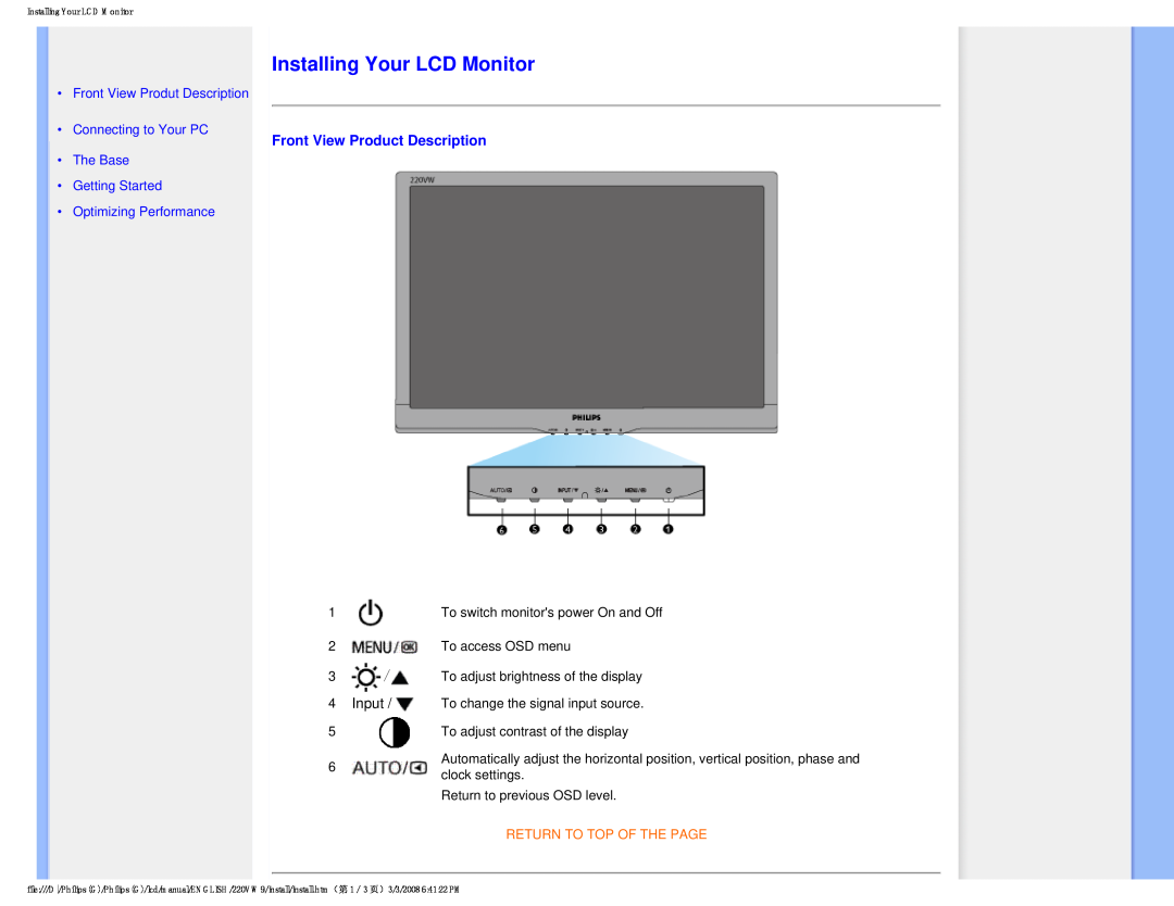 Philips 220VW9FB 97 Installing Your LCD Monitor, Front View Product Description, Getting Started Optimizing Performance 