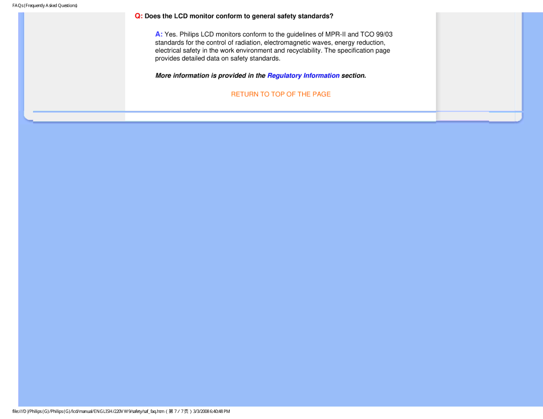 Philips 220VW9FB 97 user manual Does the LCD monitor conform to general safety standards? 