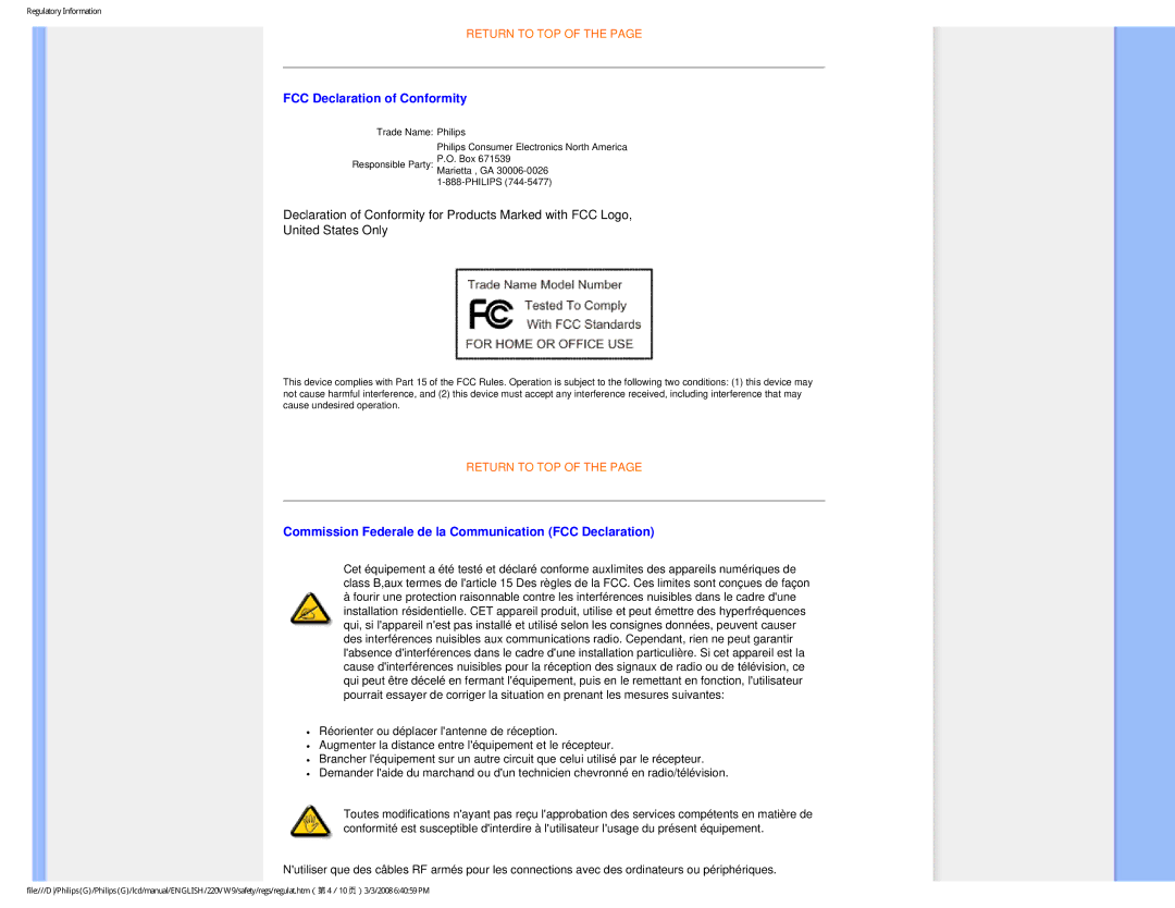 Philips 220VW9FB 97 user manual FCC Declaration of Conformity, Commission Federale de la Communication FCC Declaration 