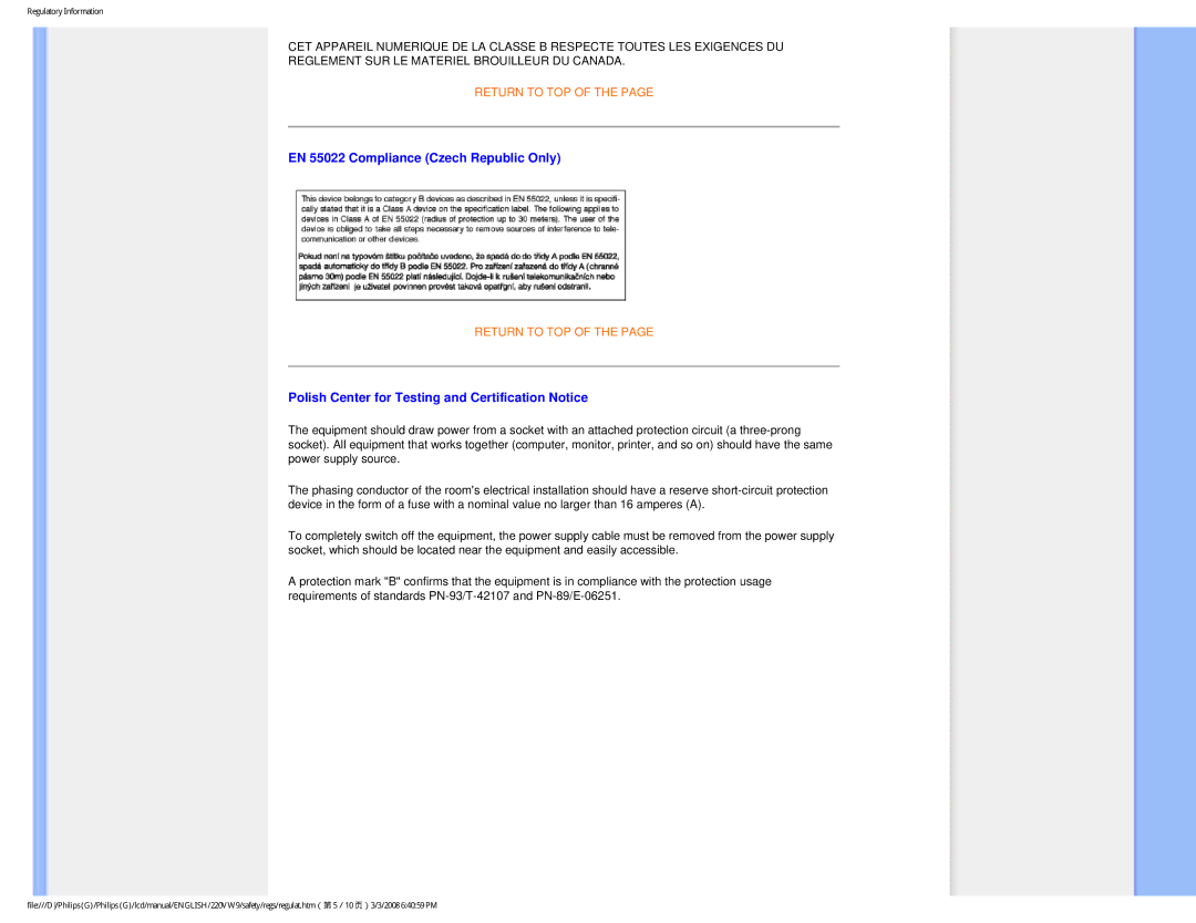 Philips 220VW9FB 97 user manual EN 55022 Compliance Czech Republic Only, Polish Center for Testing and Certification Notice 