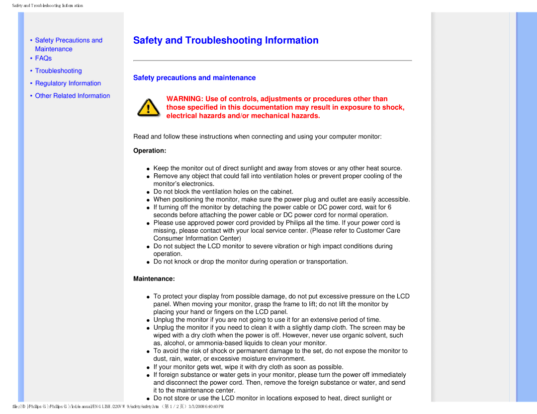 Philips 220VW9FB 97 Safety and Troubleshooting Information, Safety precautions and maintenance, Operation, Maintenance 