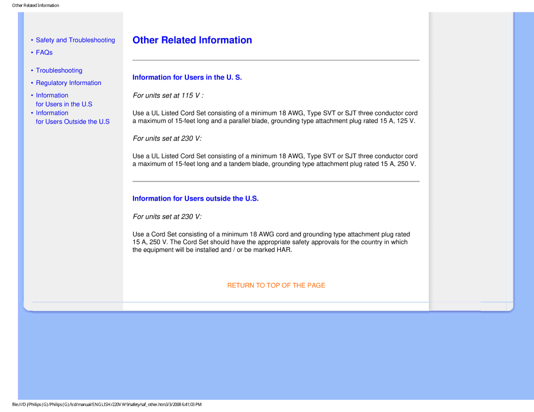 Philips 220VW9FB 97 Other Related Information, Information for Users in the U. S, Information for Users outside the U.S 