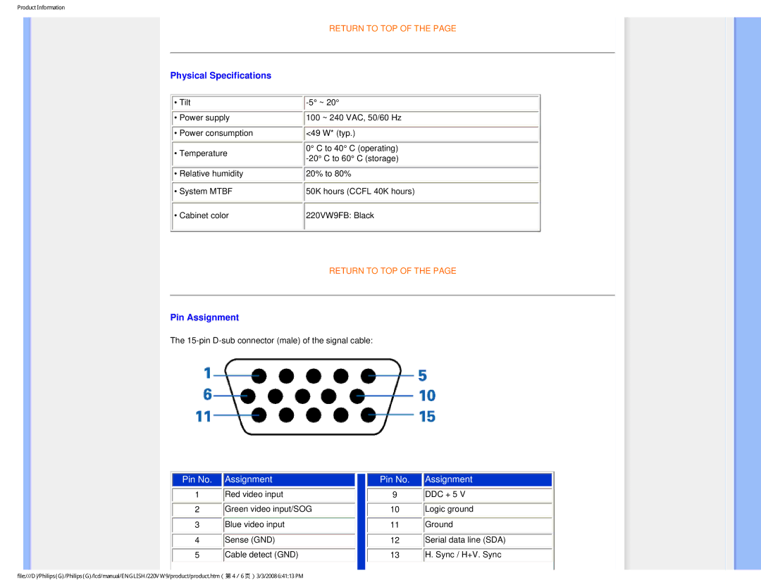 Philips 220VW9FB 97 user manual Physical Specifications, Pin Assignment 