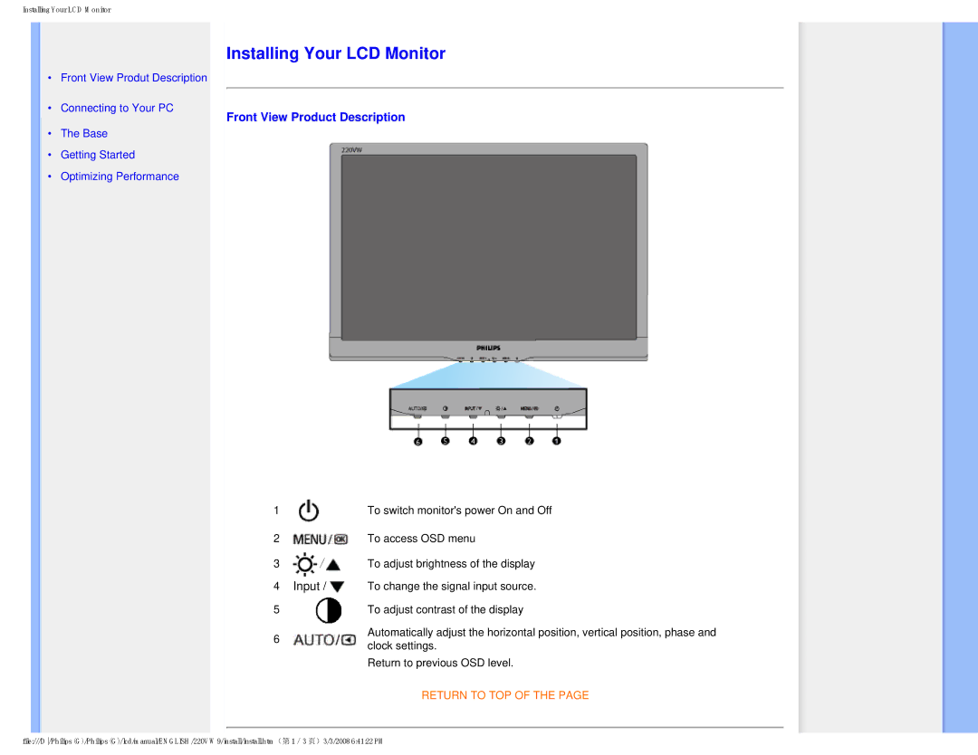 Philips 220VW9FB 97 user manual Installing Your LCD Monitor, Front View Product Description 