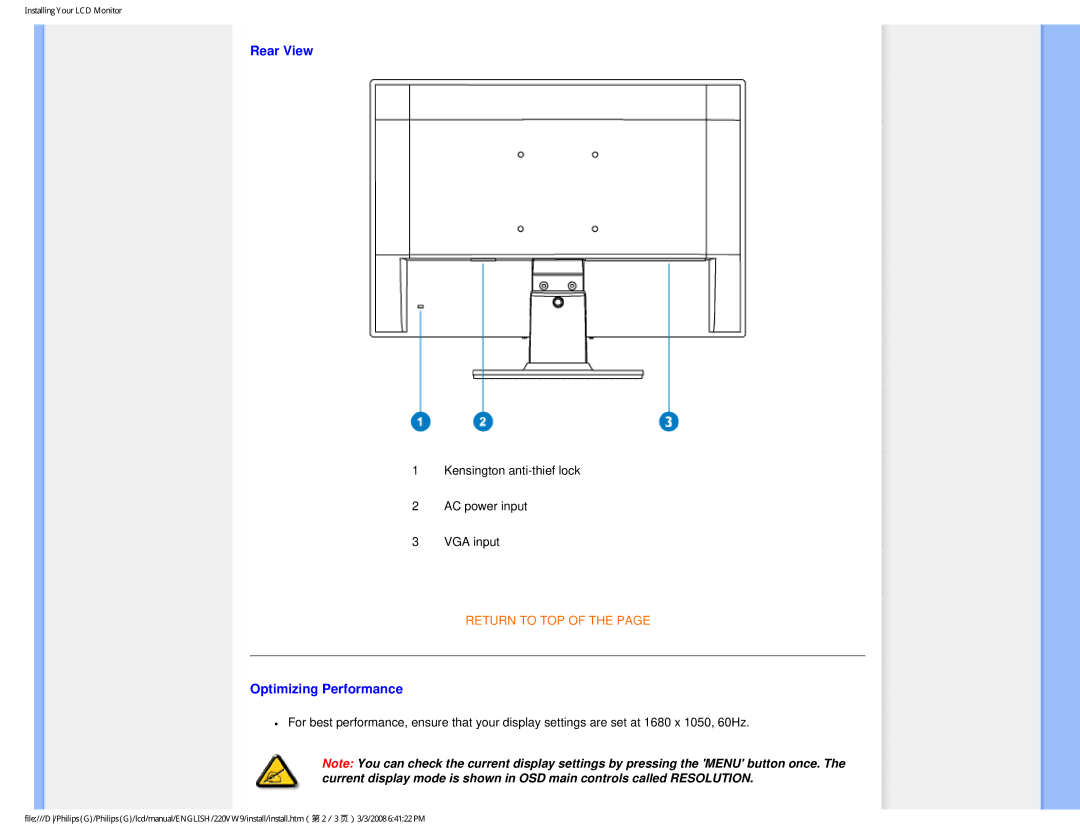 Philips 220VW9FB 97 user manual Rear View, Optimizing Performance 