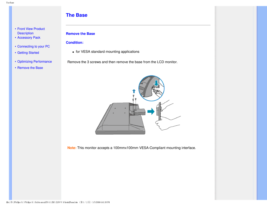 Philips 220VW9FB 97 user manual Remove the Base Condition 