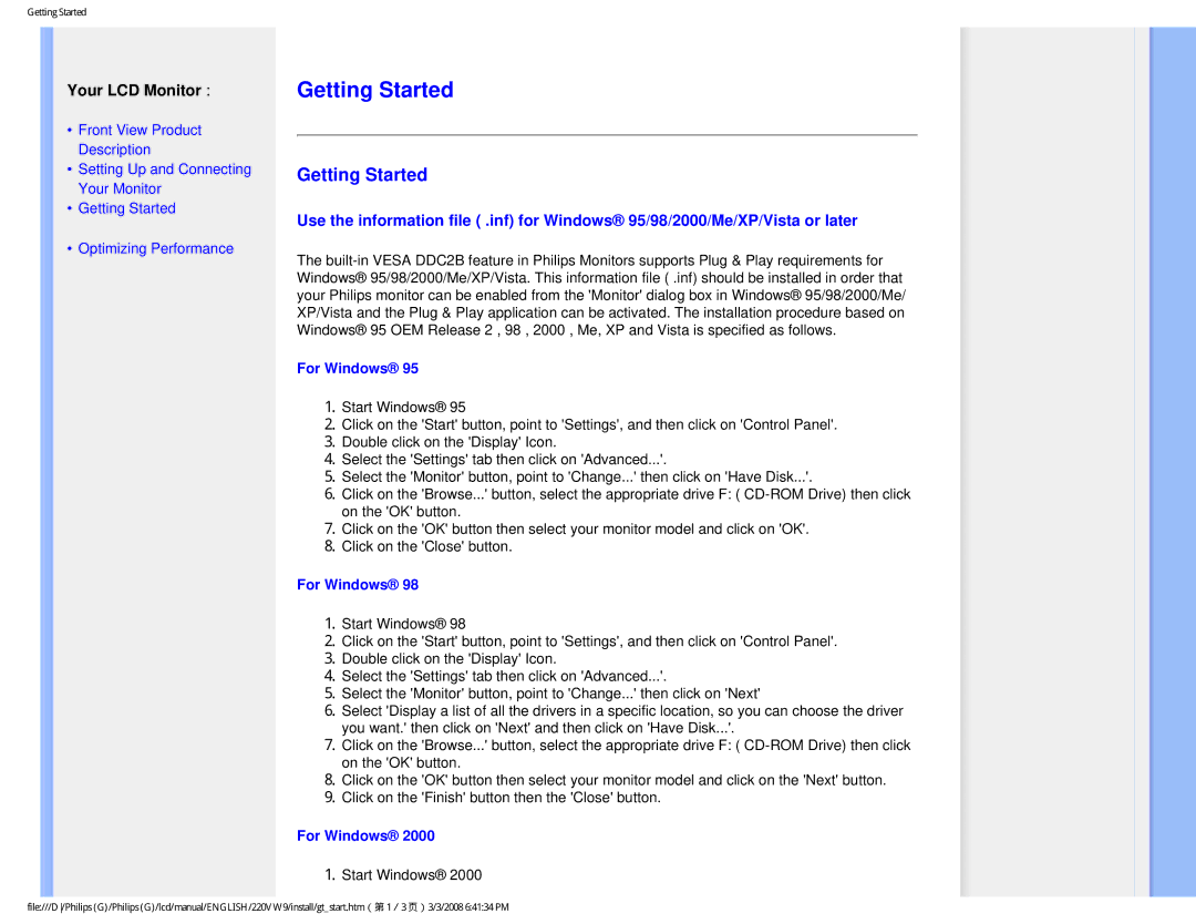 Philips 220VW9FB 97 user manual Getting Started, For Windows 