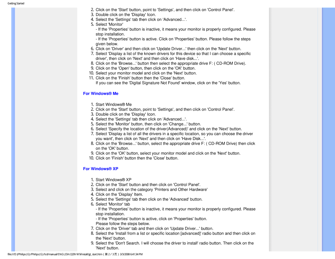 Philips 220VW9FB 97 user manual For Windows Me, For Windows XP 