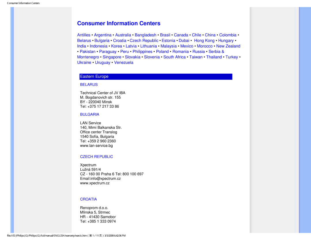 Philips 220VW9FB 97 user manual Consumer Information Centers, Belarus, Bulgaria, Czech Republic, Croatia 