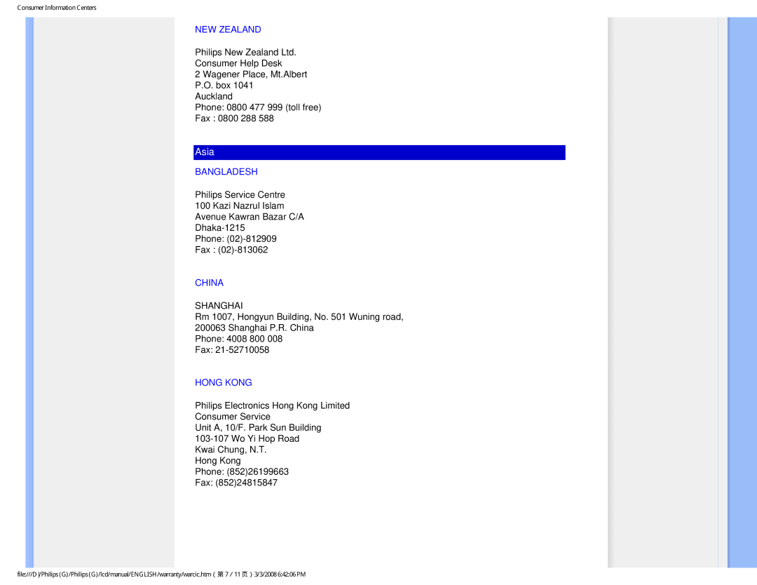 Philips 220VW9FB 97 user manual NEW Zealand, Bangladesh, China, Hong Kong 