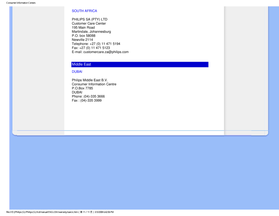 Philips 220VW9FB 97 user manual South Africa, Dubai 