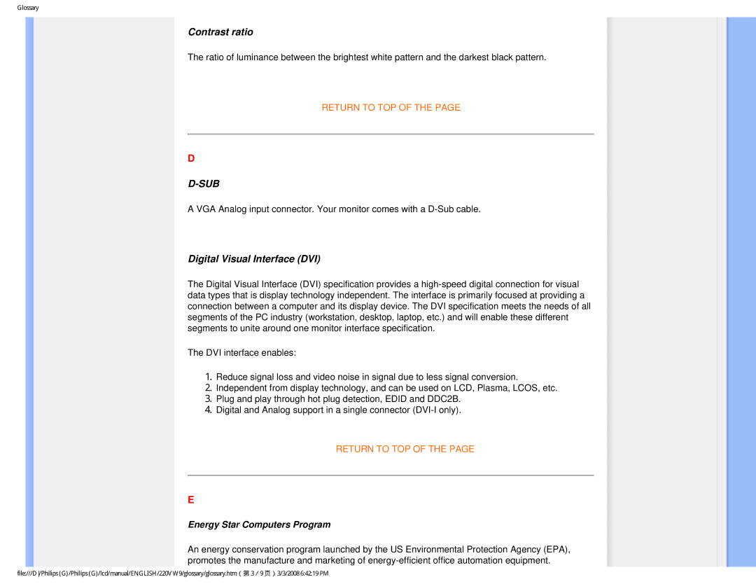 Philips 220VW9FB 97 user manual Contrast ratio, Digital Visual Interface DVI 