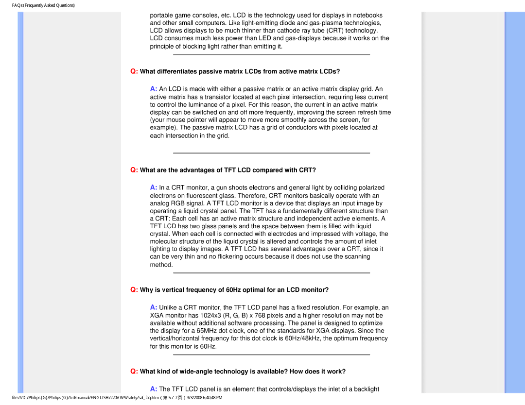 Philips 220VW9FB 97 user manual What are the advantages of TFT LCD compared with CRT? 