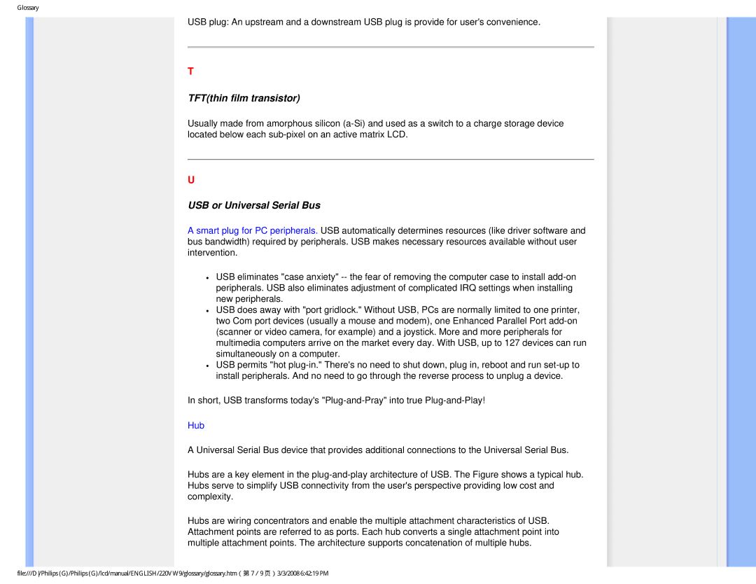 Philips 220VW9FB 97 user manual TFTthin film transistor, USB or Universal Serial Bus 