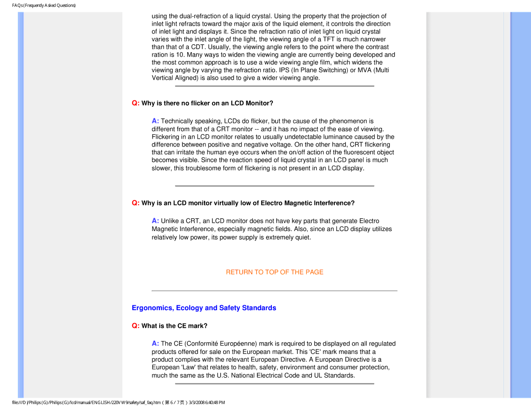 Philips 220VW9FB 97 user manual Ergonomics, Ecology and Safety Standards, Why is there no flicker on an LCD Monitor? 