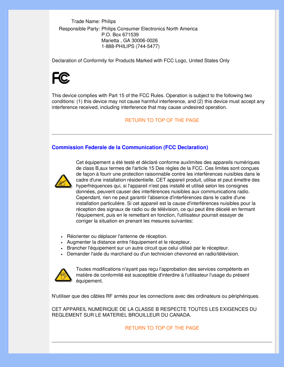 Philips 220WS8 user manual Commission Federale de la Communication FCC Declaration, Return To Top Of The Page 