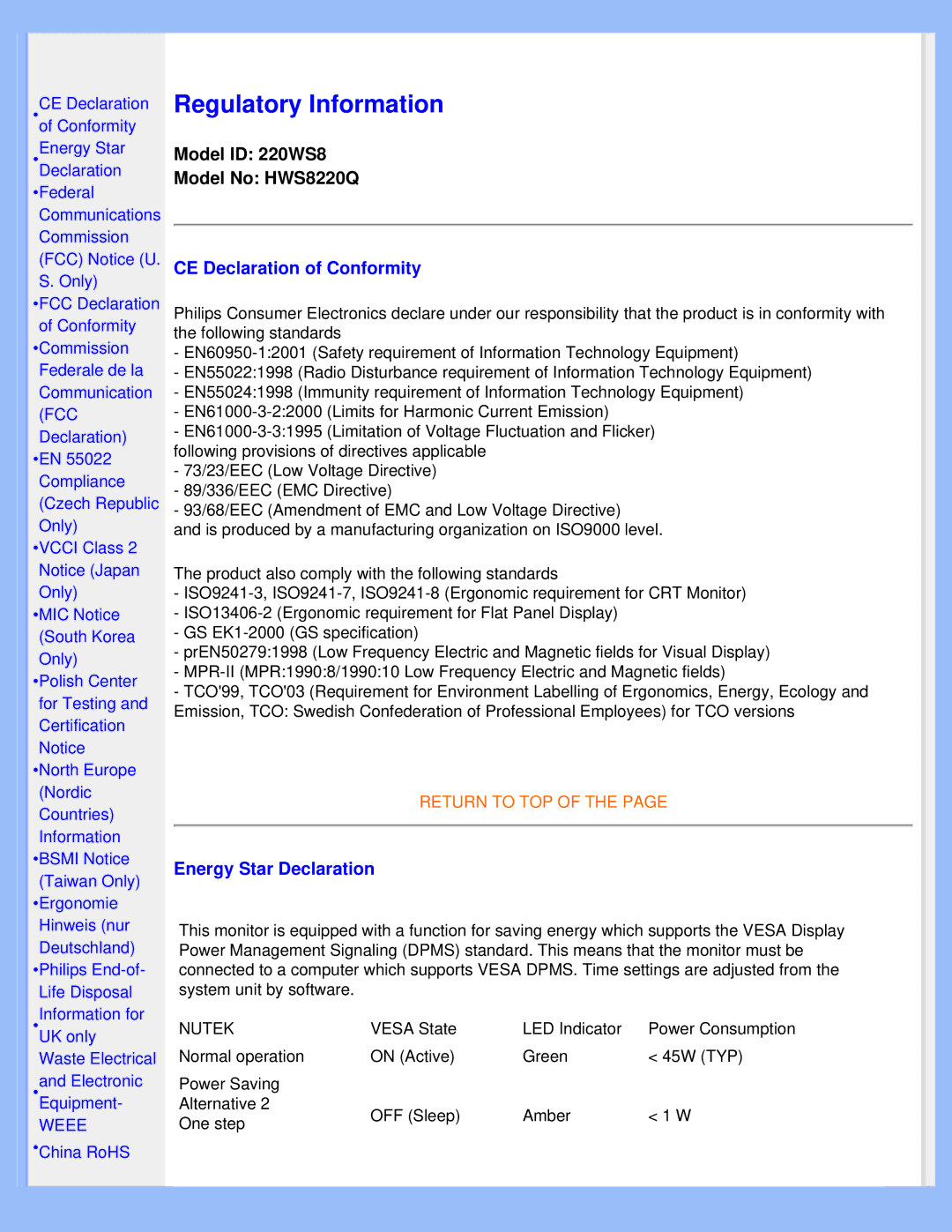 Philips 220WS8 user manual Regulatory Information 