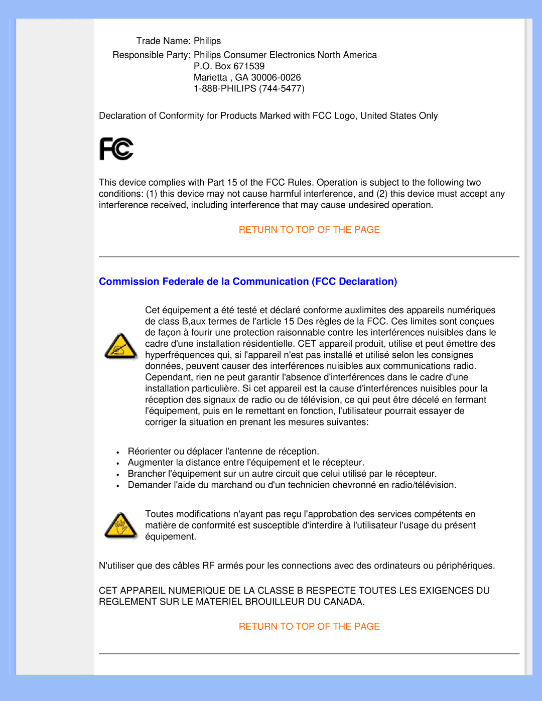 Philips 220WS8 user manual Commission Federale de la Communication FCC Declaration 