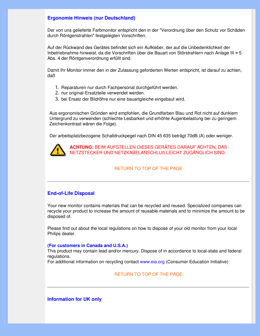 Philips 220WS8 user manual Ergonomie Hinweis nur Deutschland 