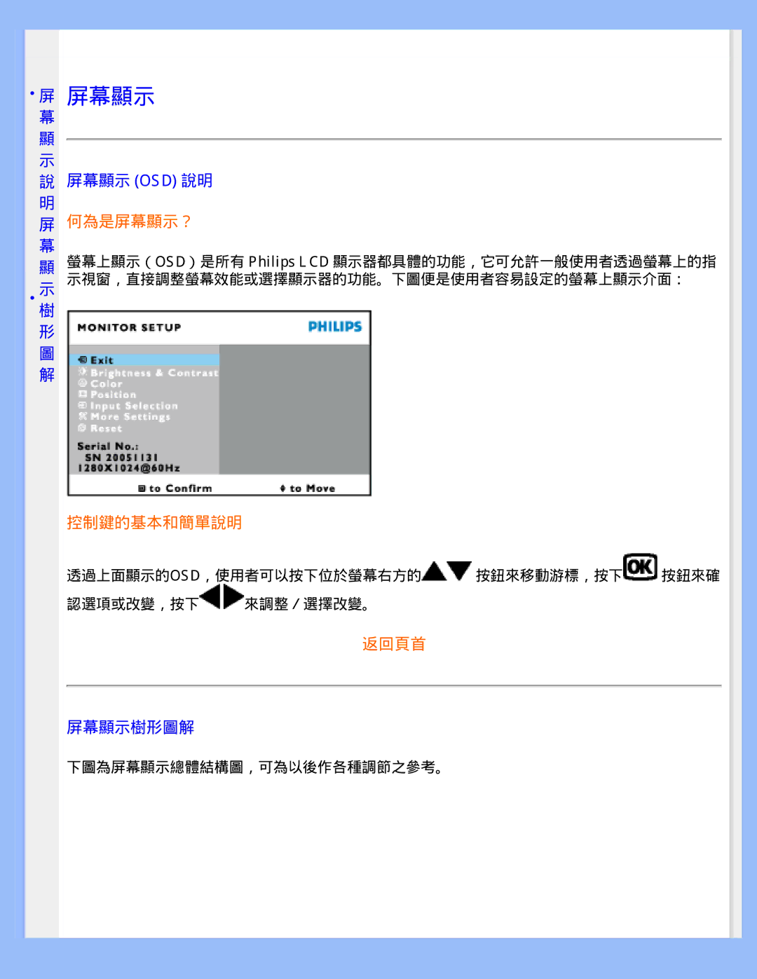 Philips 220WS8 user manual 屏幕顯示 Osd 說明, 屏幕顯示樹形圖解 