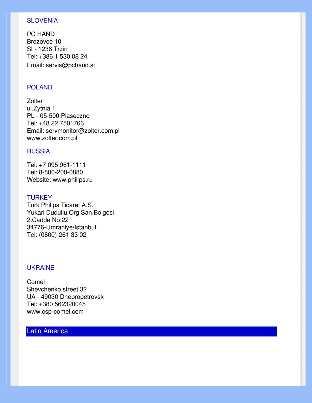 Philips 220WS8 user manual Slovenia, Poland, Russia, Turkey, Ukraine 