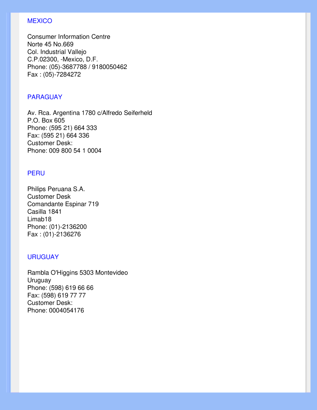 Philips 220WS8 user manual Mexico, Paraguay, Peru, Uruguay 