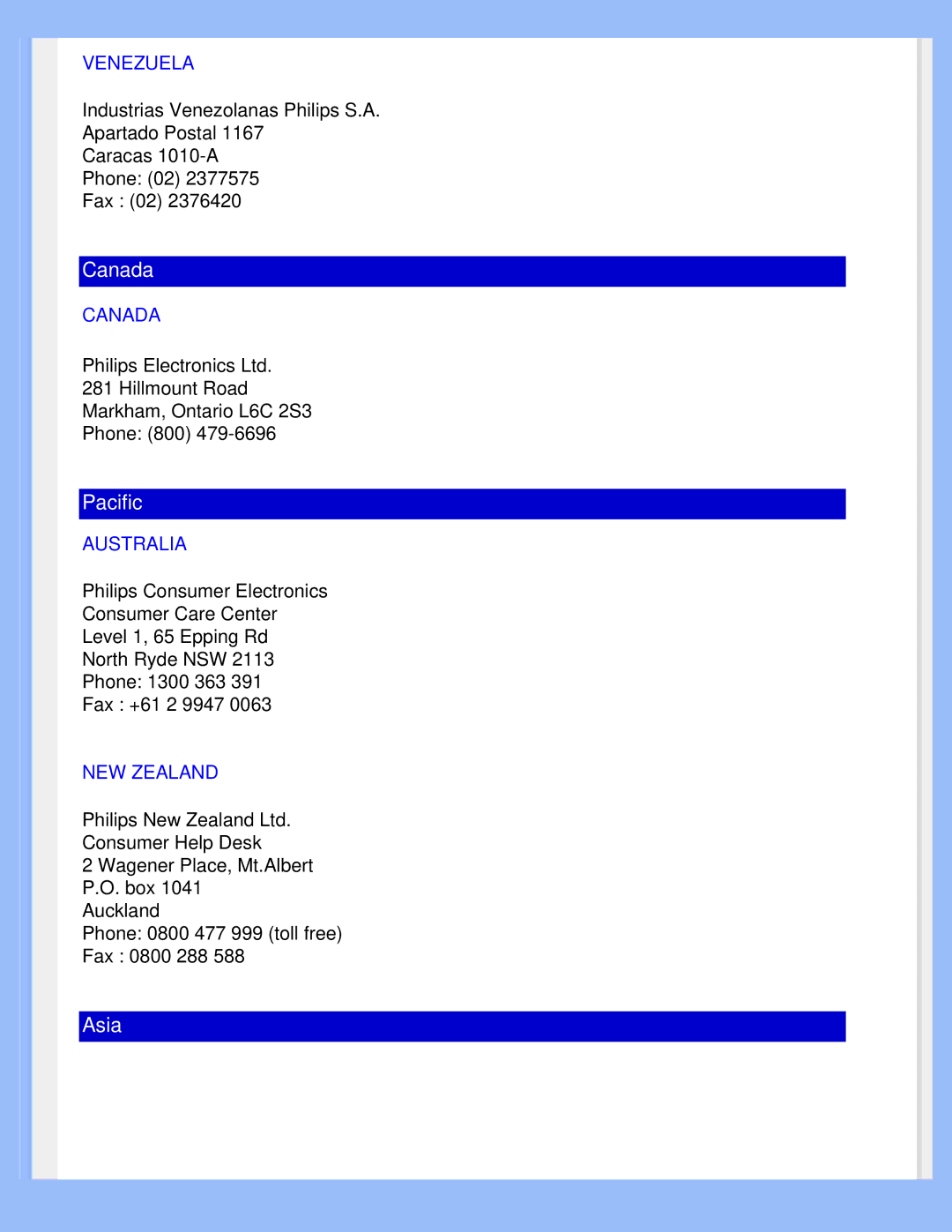 Philips 220WS8 user manual Venezuela, Canada, Australia, NEW Zealand 