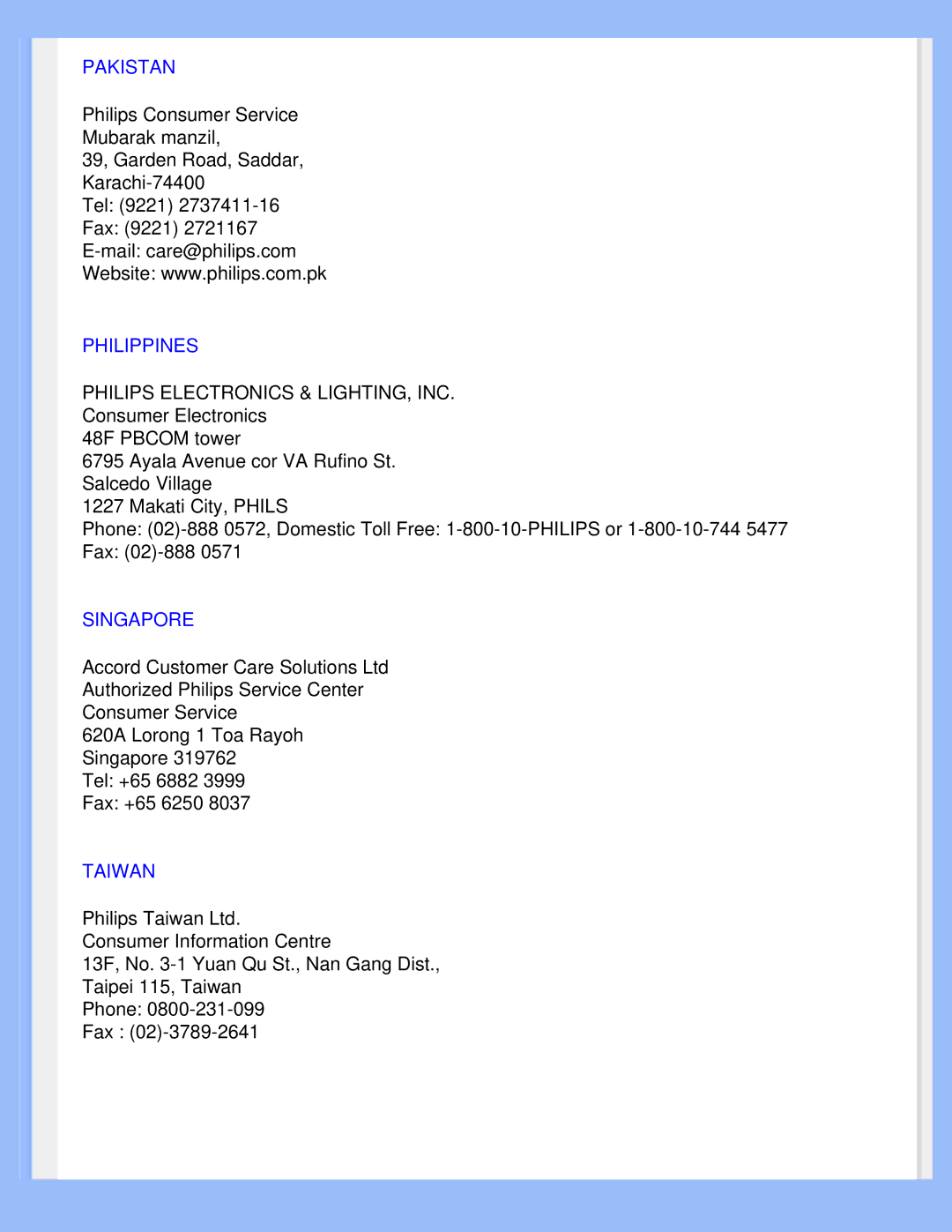 Philips 220WS8 user manual Pakistan, Philippines, Singapore, Taiwan 