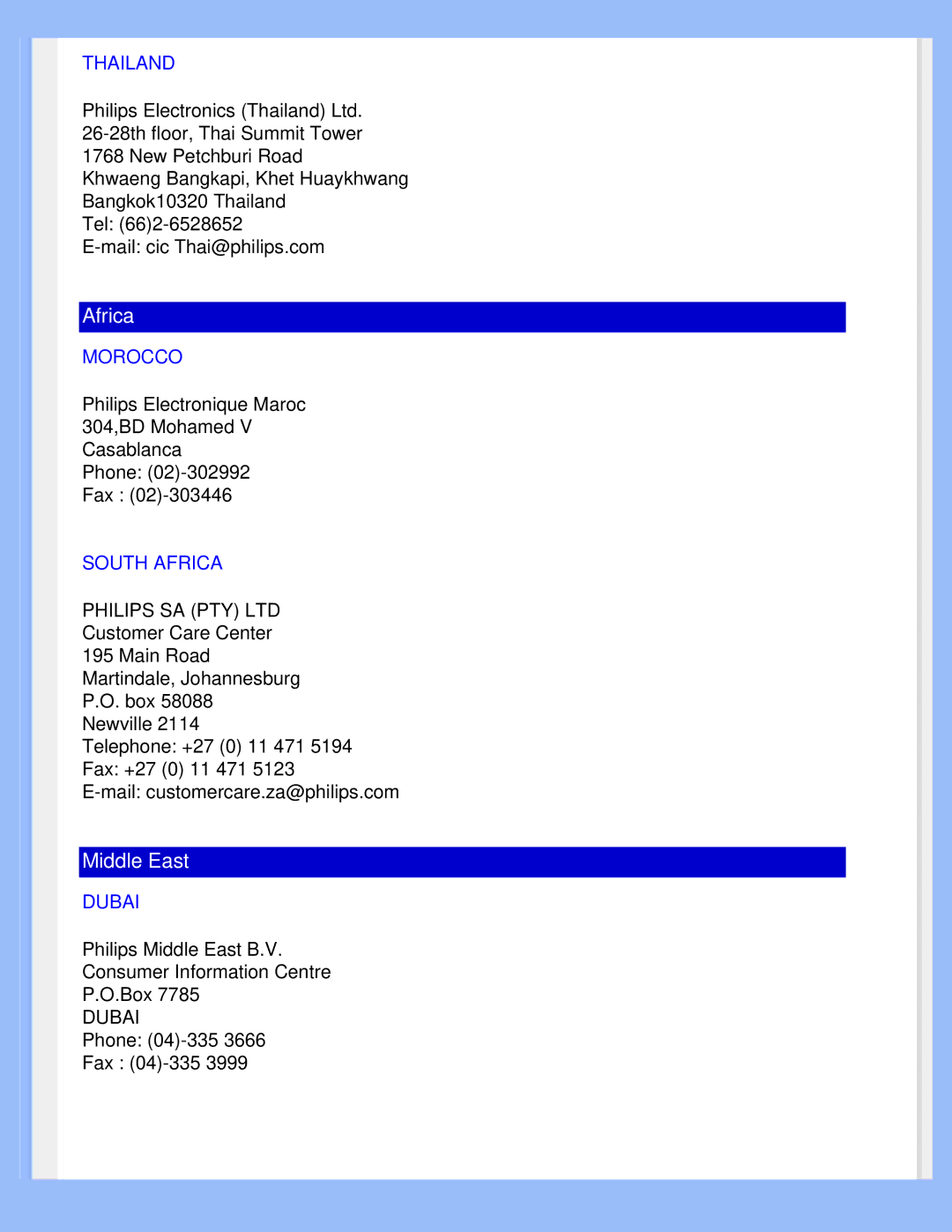 Philips 220WS8 user manual Thailand, Morocco, South Africa, Dubai 