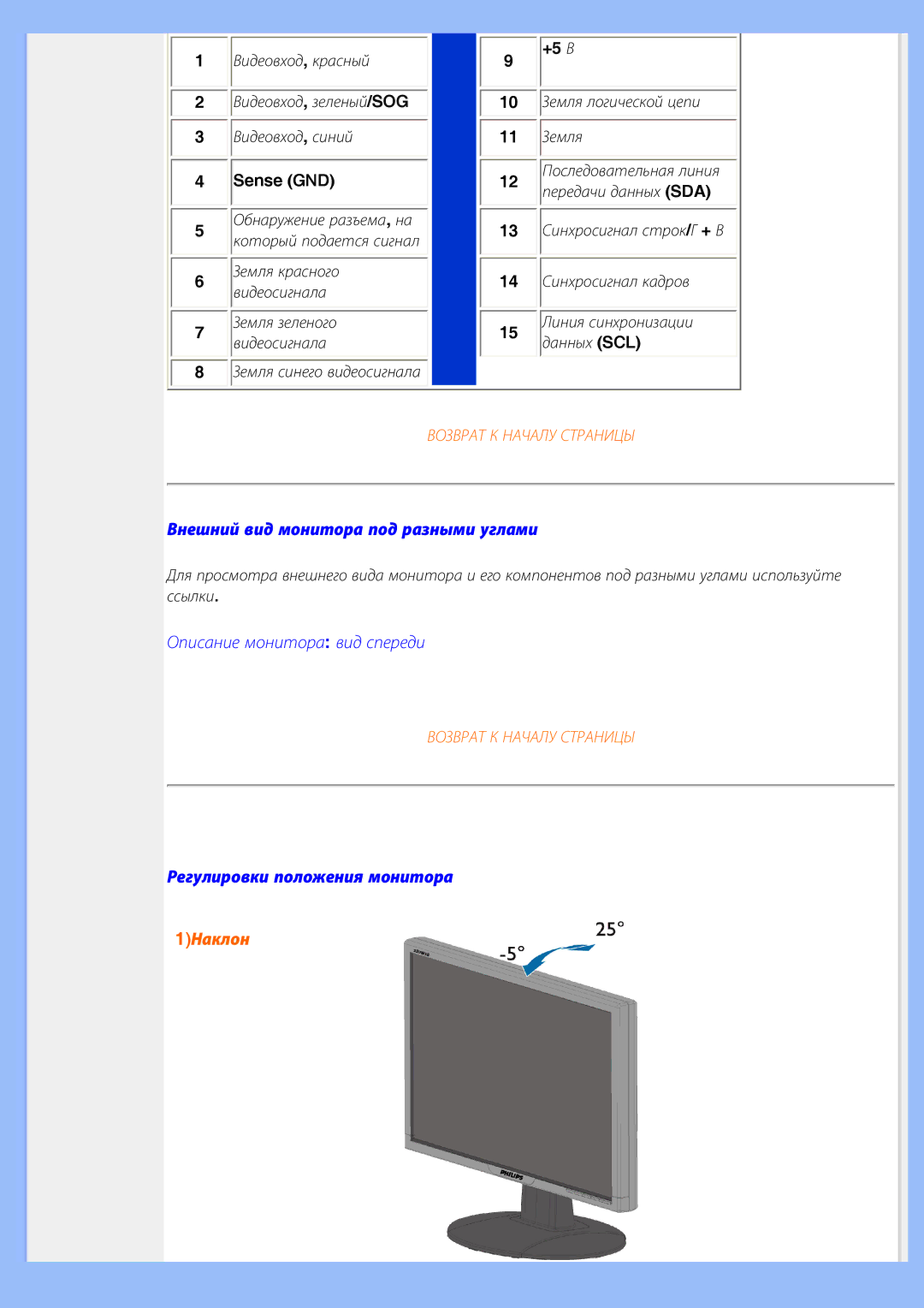 Philips 220WS8 user manual Внешний вид монитора под разными углами, Регулировки положения монитора, Видеовход , красный 