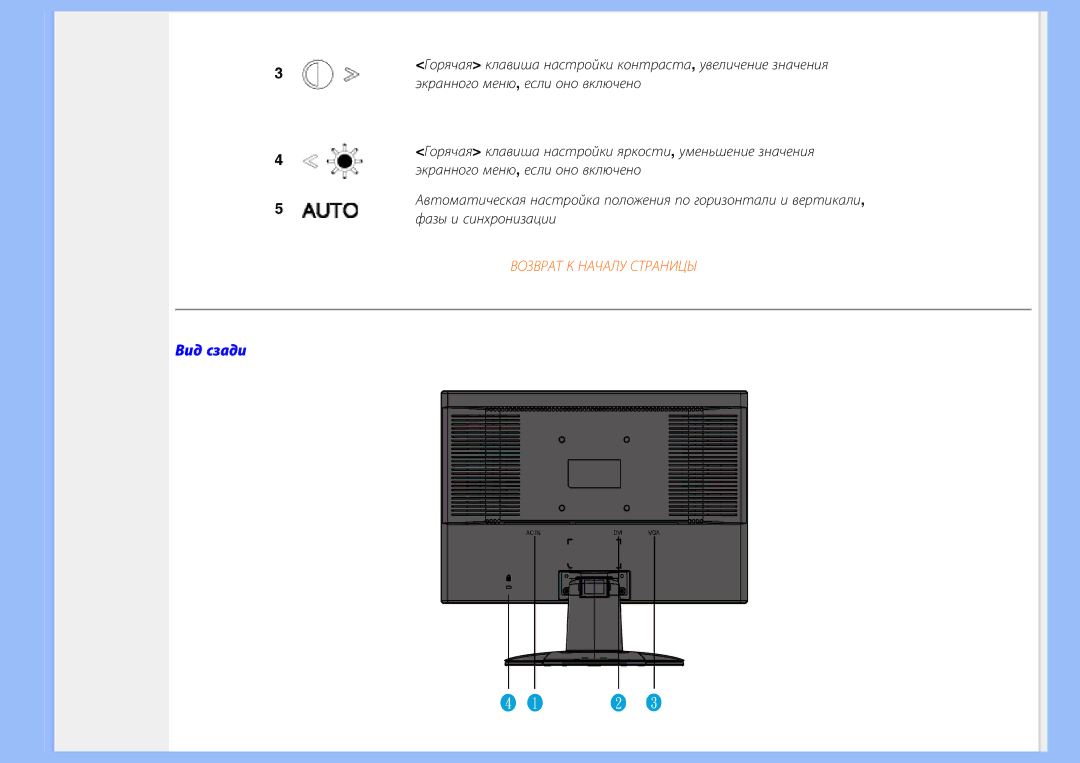 Philips 220WS8 user manual Вид сзади 