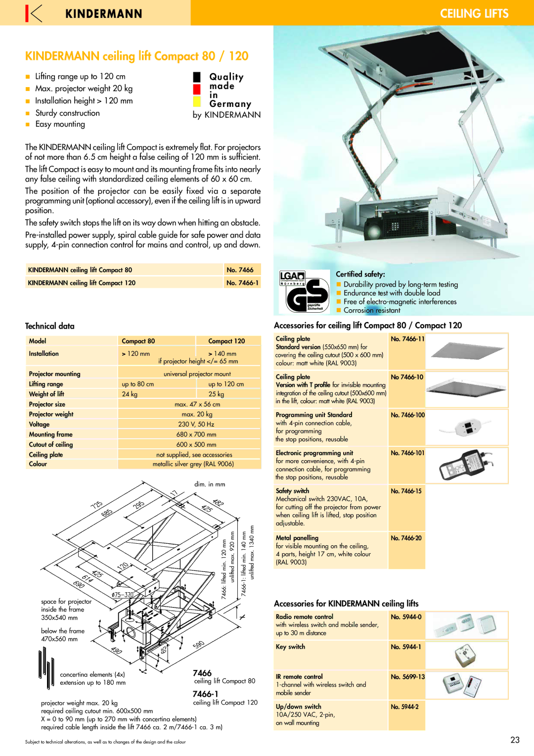 Philips 220X manual Kindermann ceiling lift Compact 80, Lifting range up to 120 cm, Max. projector weight 20 kg 