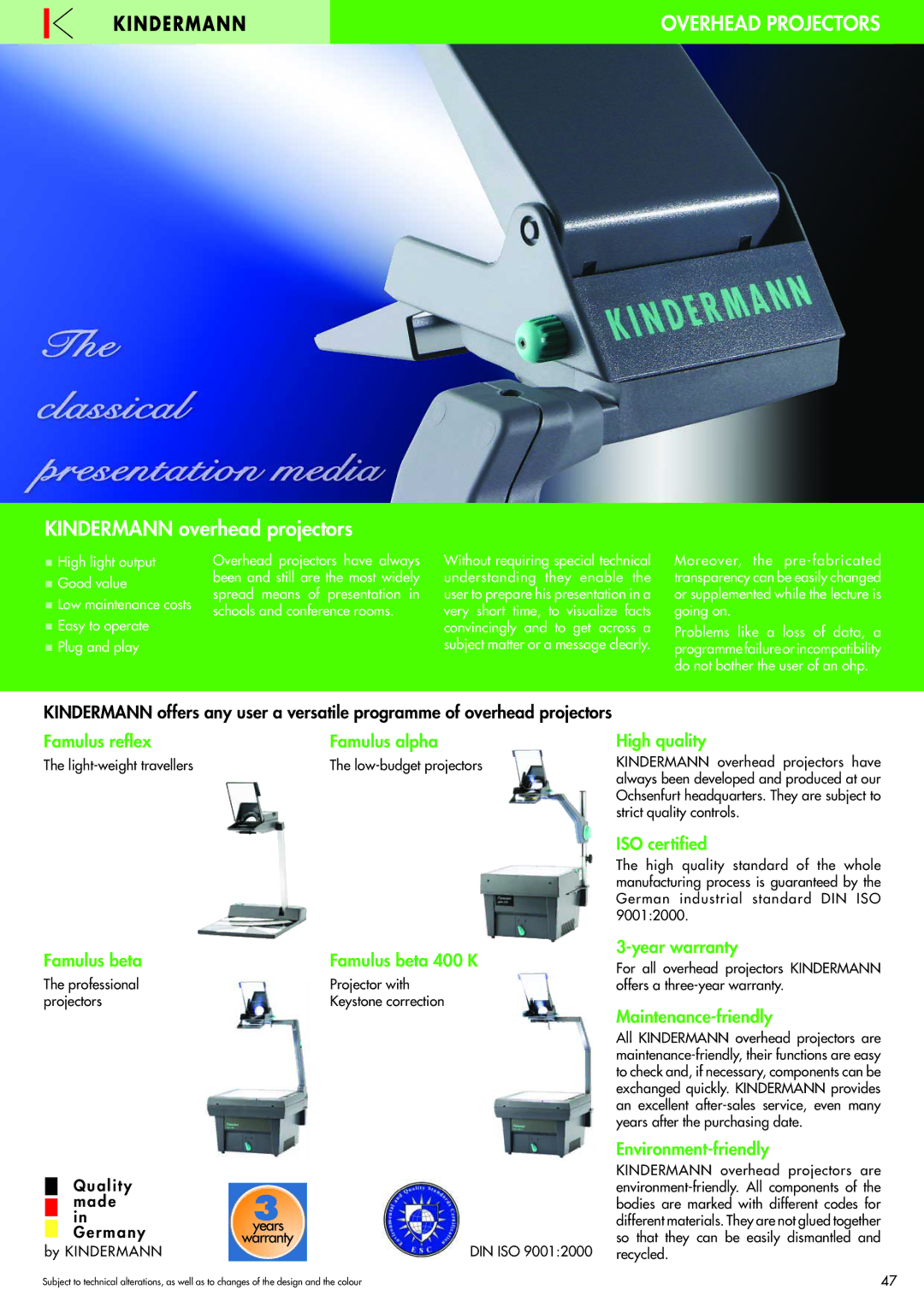 Philips 220X manual Overhead Projectors, A l i t y m a d e R m a n y, Light-weight travellers, By Kindermann DIN ISO 