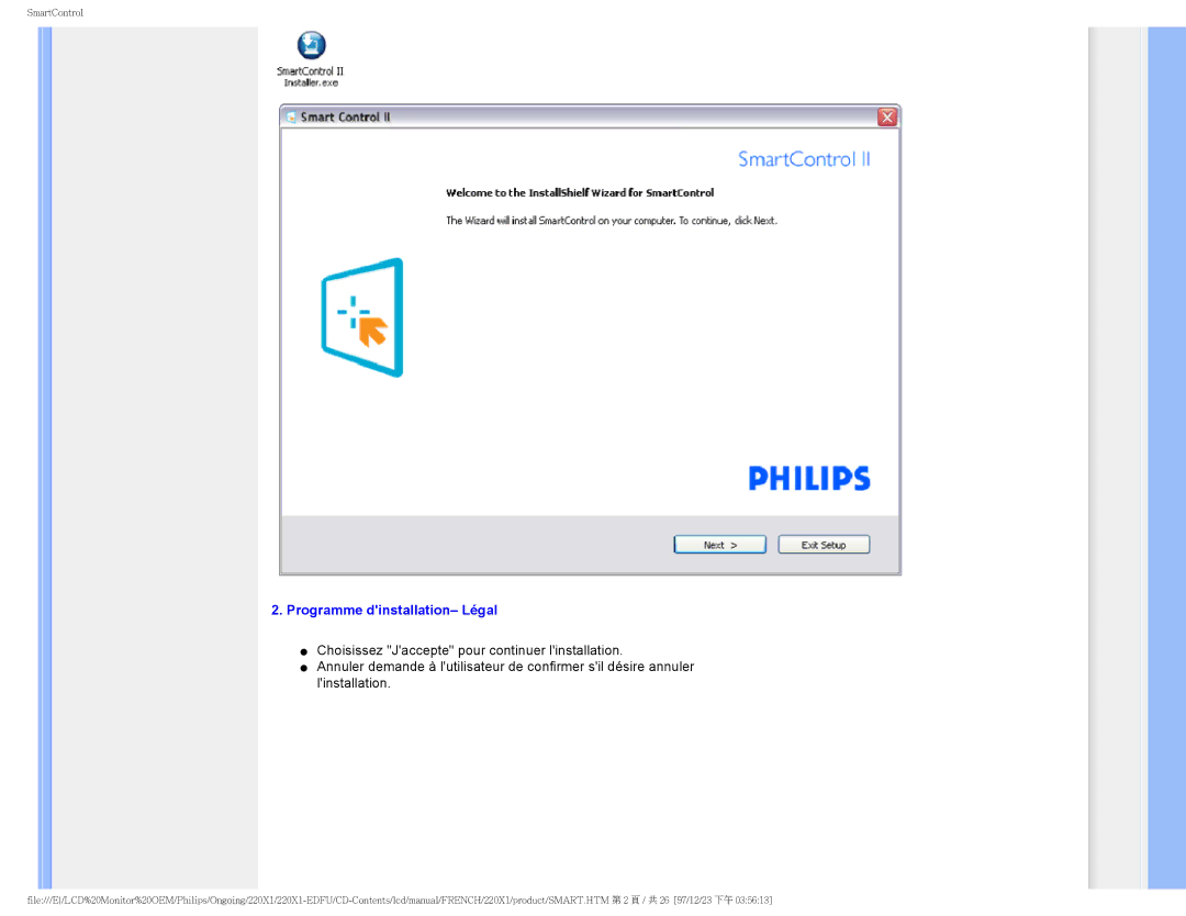 Philips 220X1 user manual Programme dinstallation- Légal 