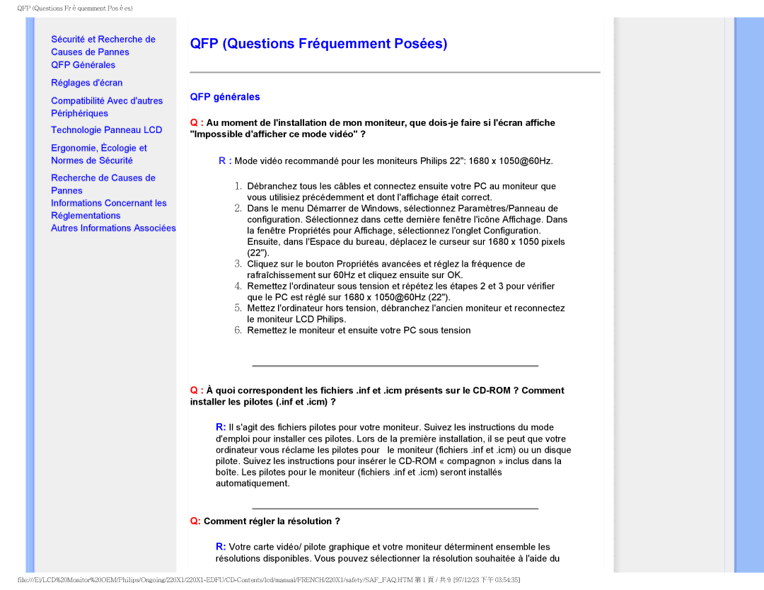 Philips 220X1 user manual QFP Questions Fréquemment Posées, QFP générales, Comment régler la résolution ? 