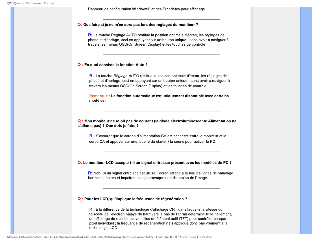 Philips 220X1 user manual En quoi consiste la fonction Auto ?, Pour les LCD, quimplique la fréquence de régénération ? 