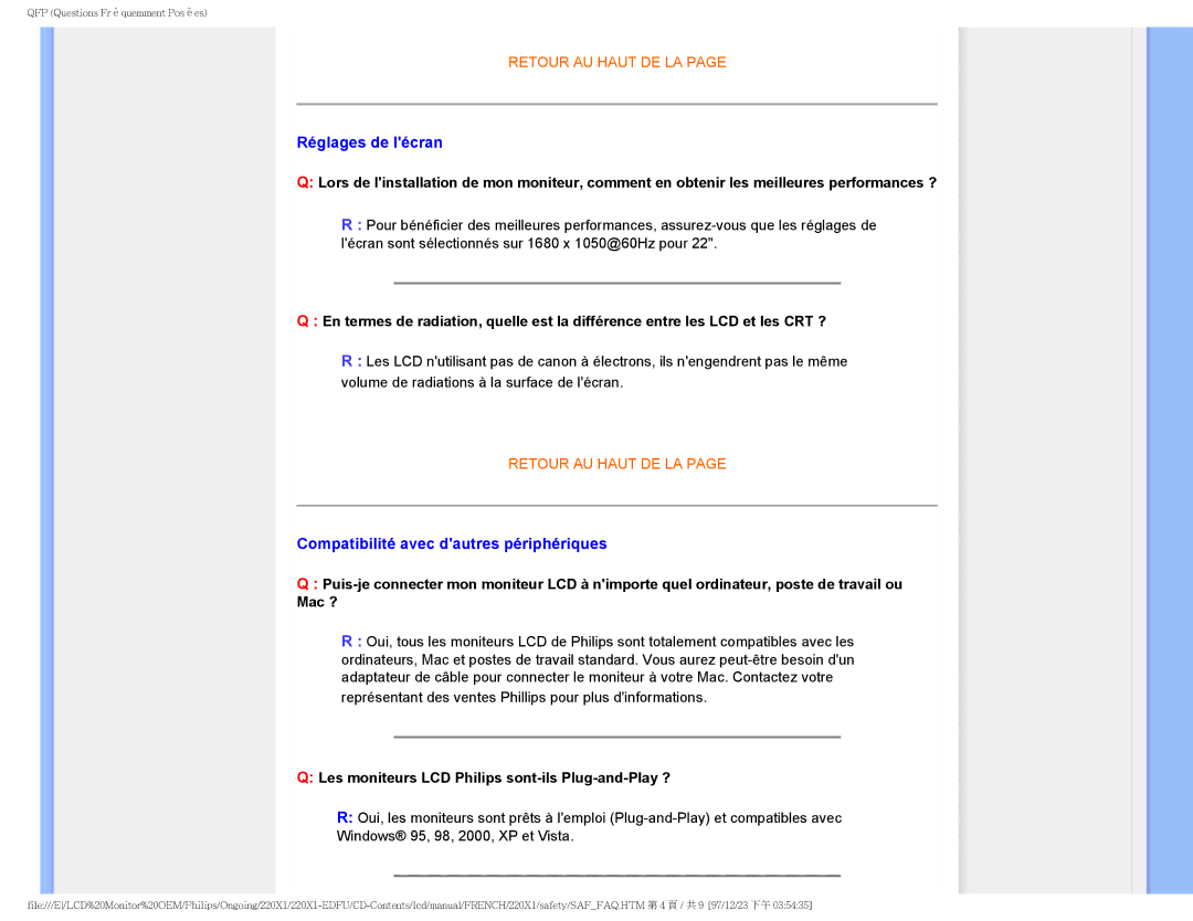 Philips 220X1 user manual Réglages de lécran, Compatibilité avec dautres périphériques 