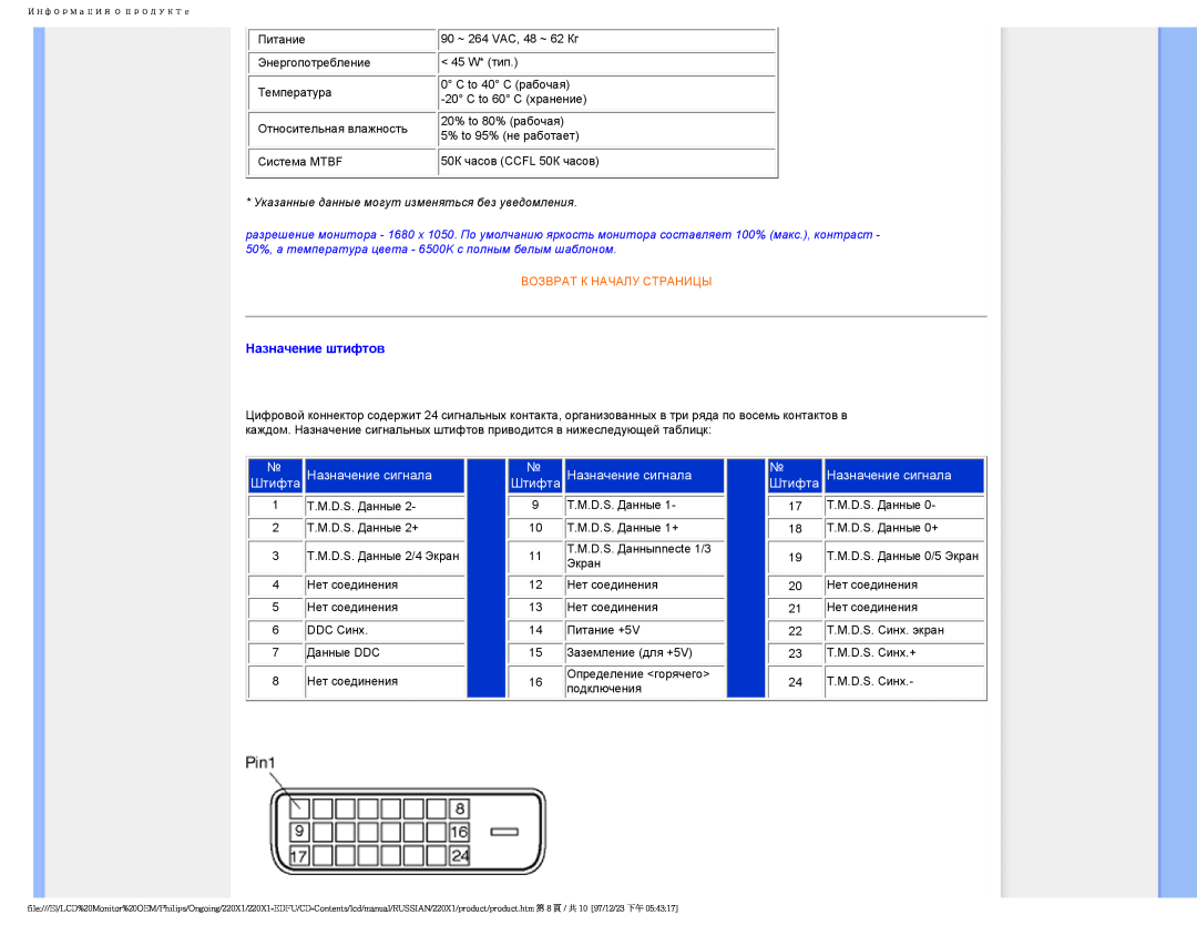 Philips 220XI user manual Назначение штифтов, Назначение сигнала, Штифта, Указанные данные могут изменяться без уведомления 