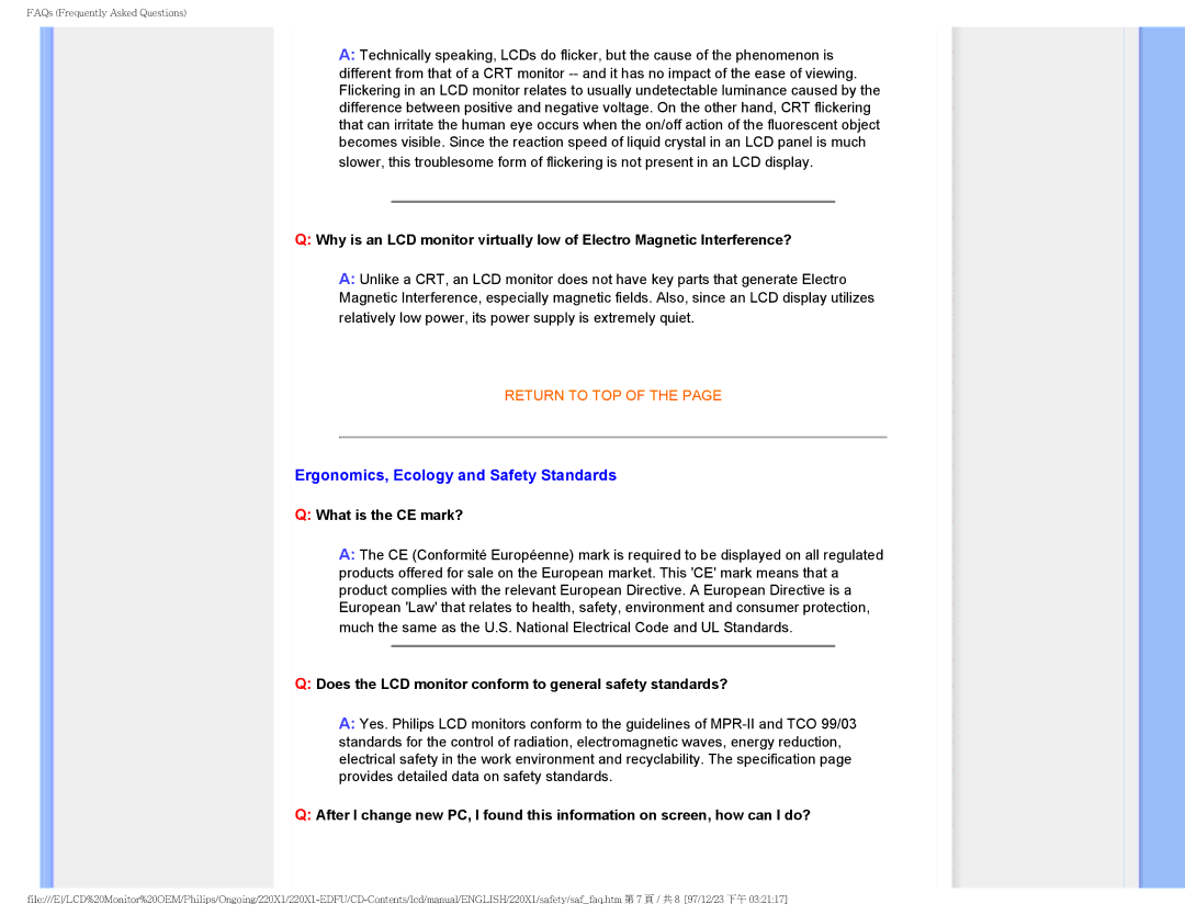 Philips 220XI user manual Ergonomics, Ecology and Safety Standards, What is the CE mark? 