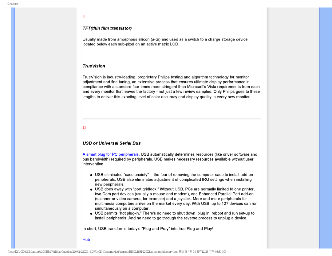 Philips 220XI user manual TFTthin film transistor, TrueVision, USB or Universal Serial Bus 